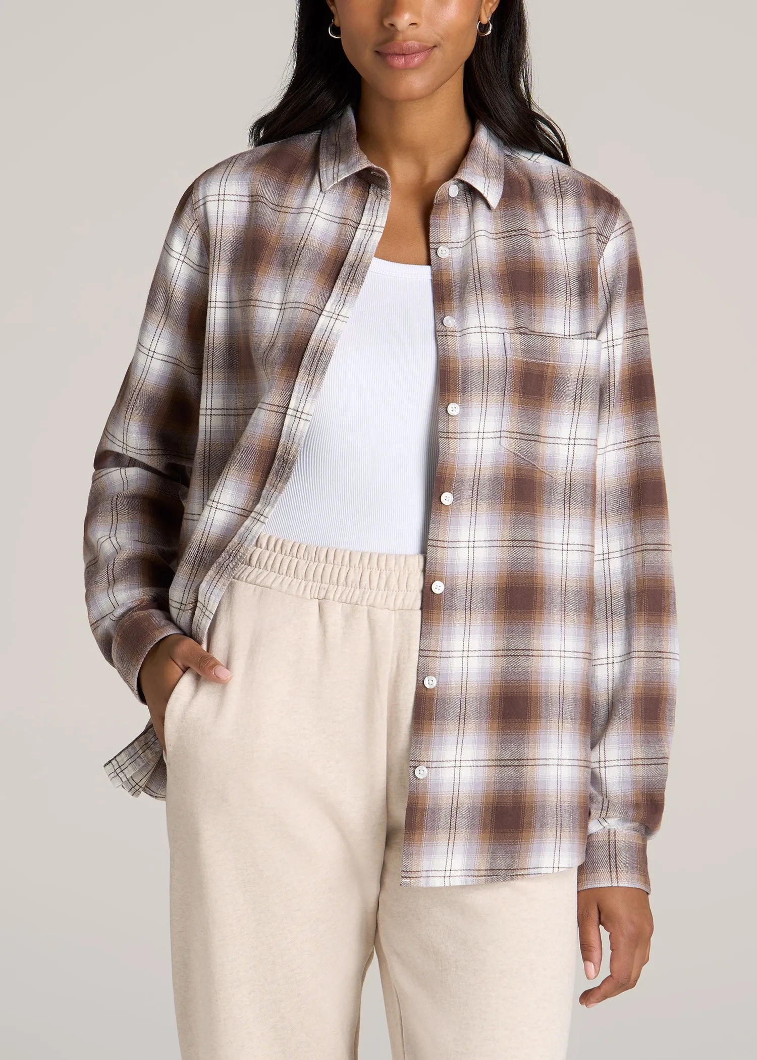 Flannel Button-Up Shirt for Tall Women in Taupe and Grey