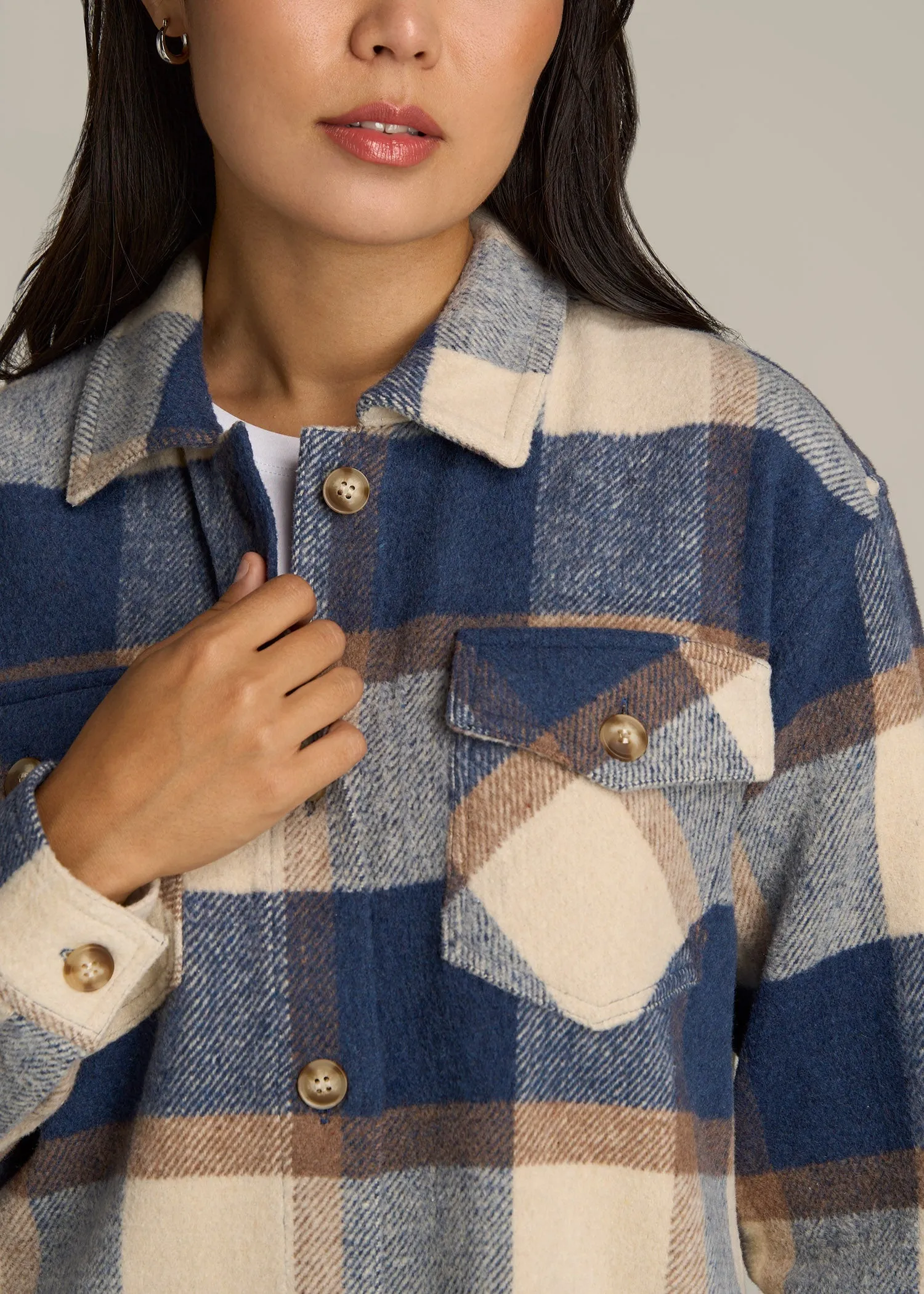 Flannel Women's Tall Shacket in Cream and Denim Blue Paid