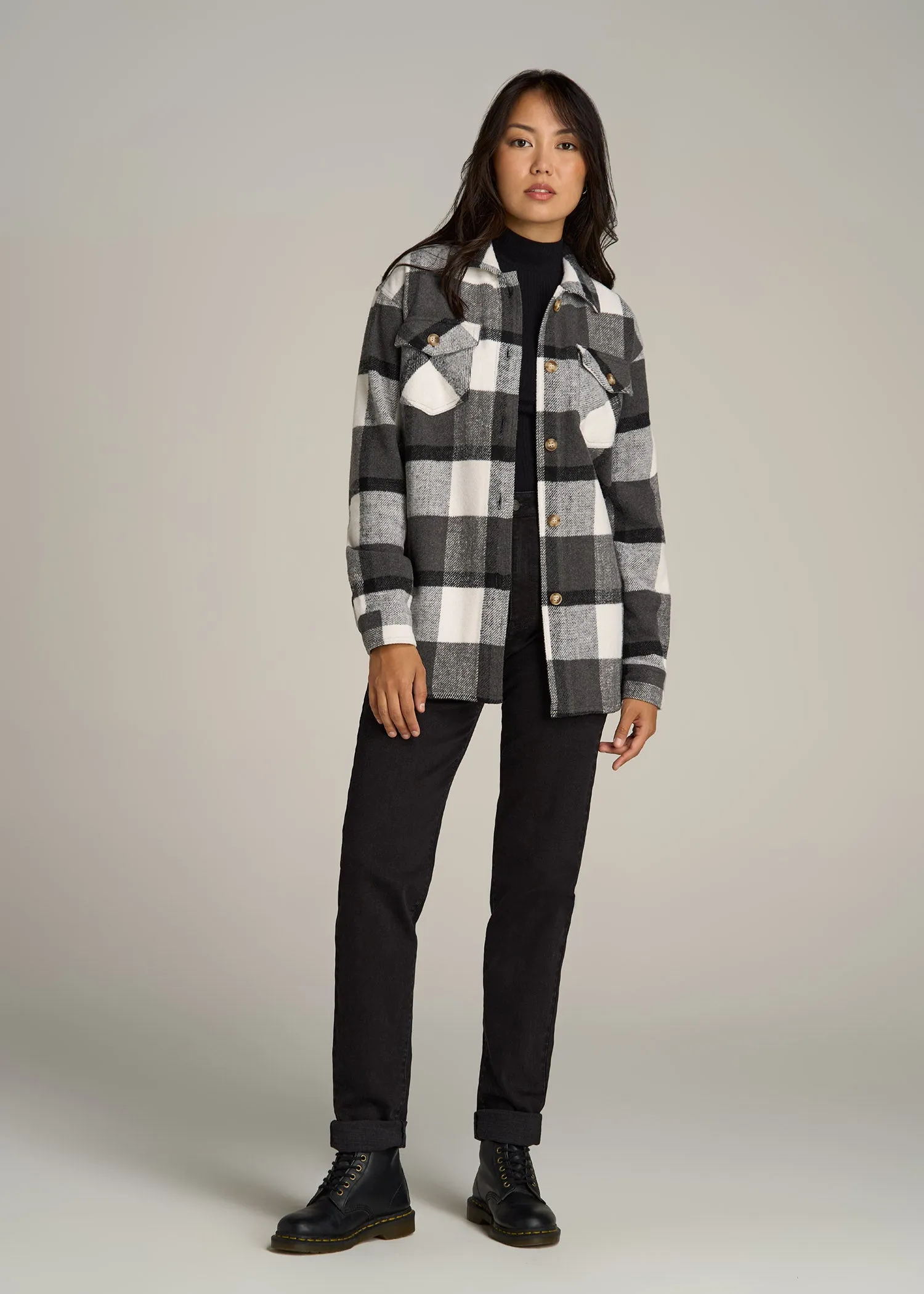 Flannel Women's Tall Shacket in Grey and Black Plaid