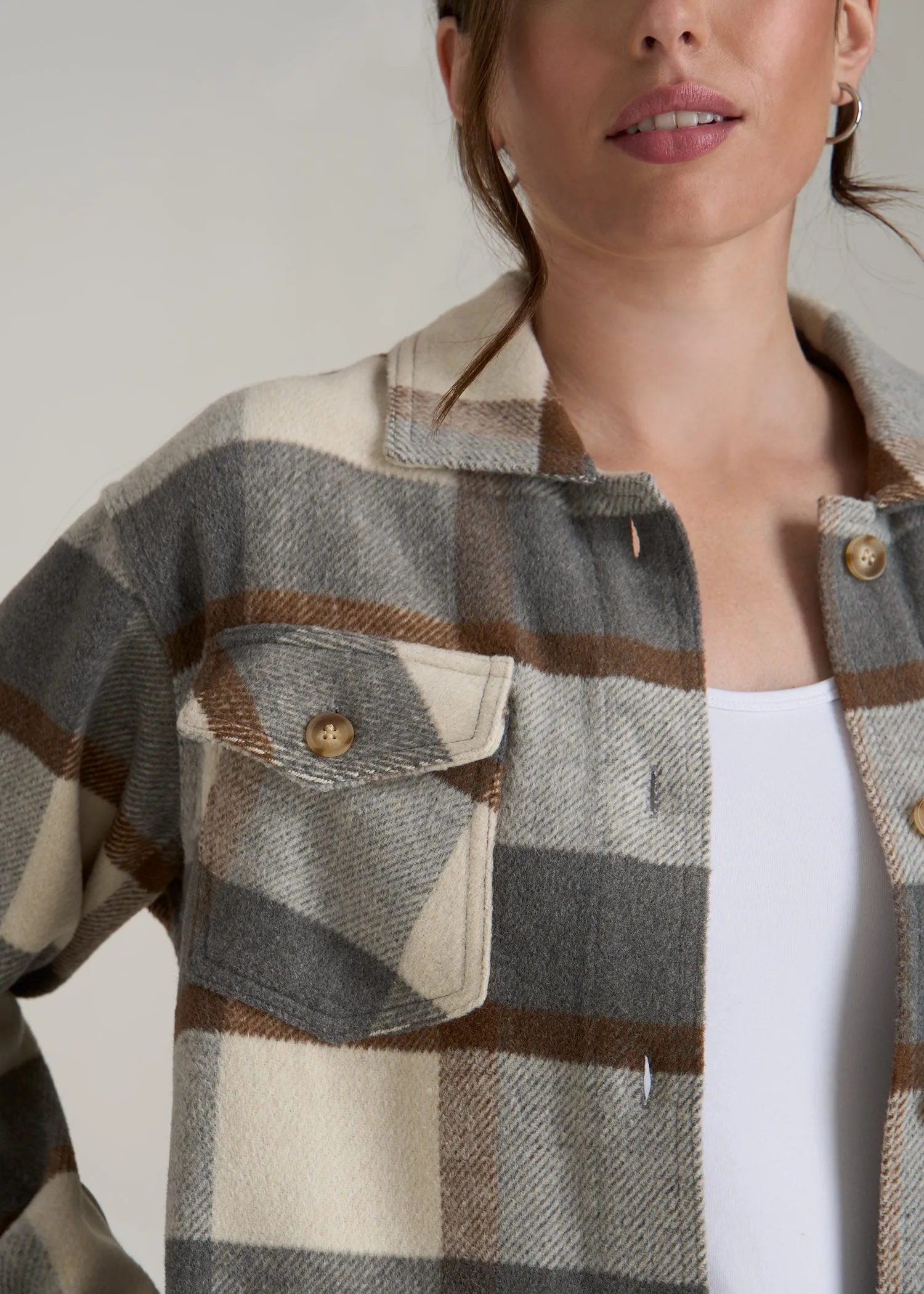 Flannel Women's Tall Shacket in Grey and Cream Plaid