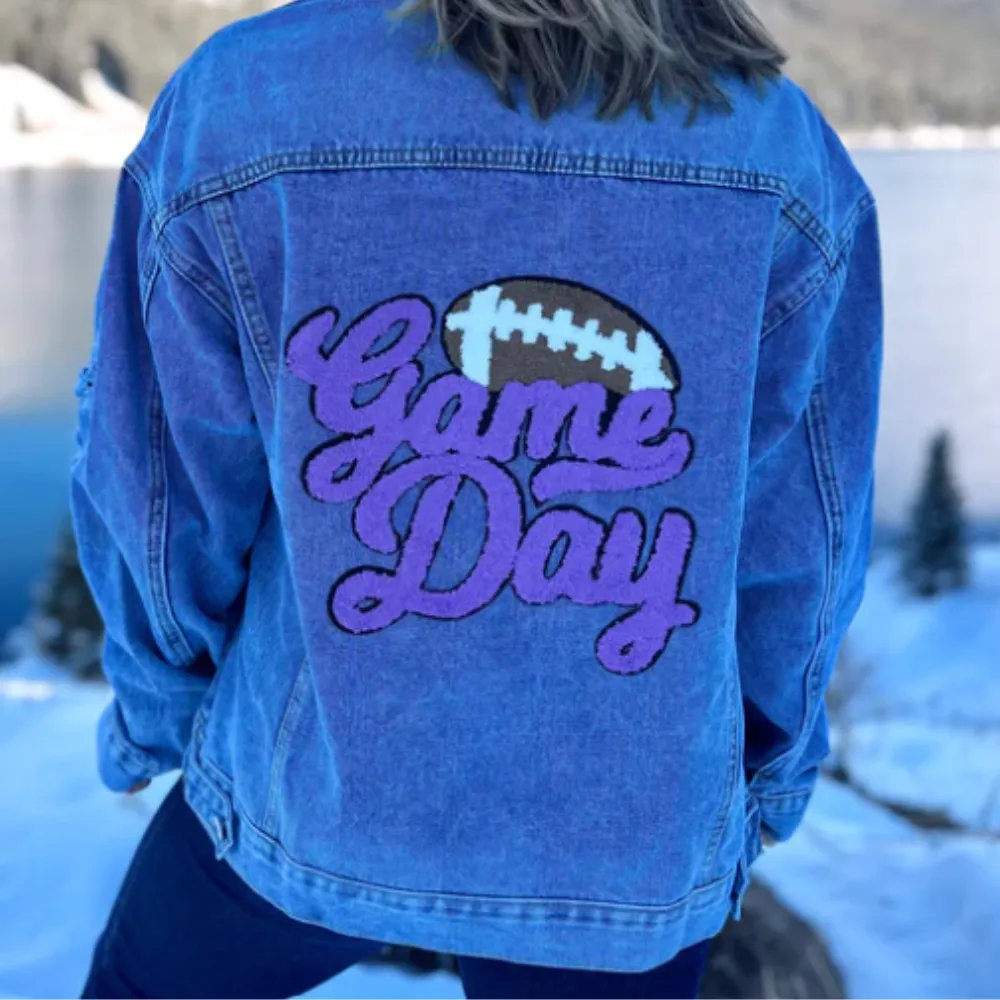 GAME DAY FOOTBALL CHENILLE PATCH DENIM JACKET - PURPLE