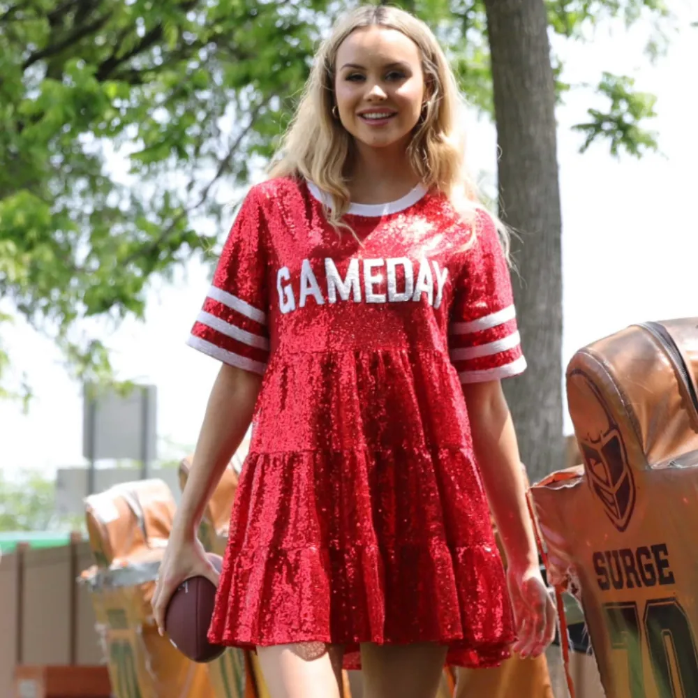 GAMEDAY BABY DOLL SEQUIN DRESS/STRIPE SLEEVES - ORANGE/WHITE