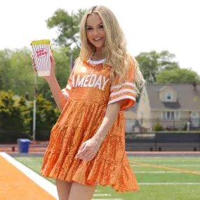 GAMEDAY BABY DOLL SEQUIN DRESS/STRIPE SLEEVES - ORANGE/WHITE