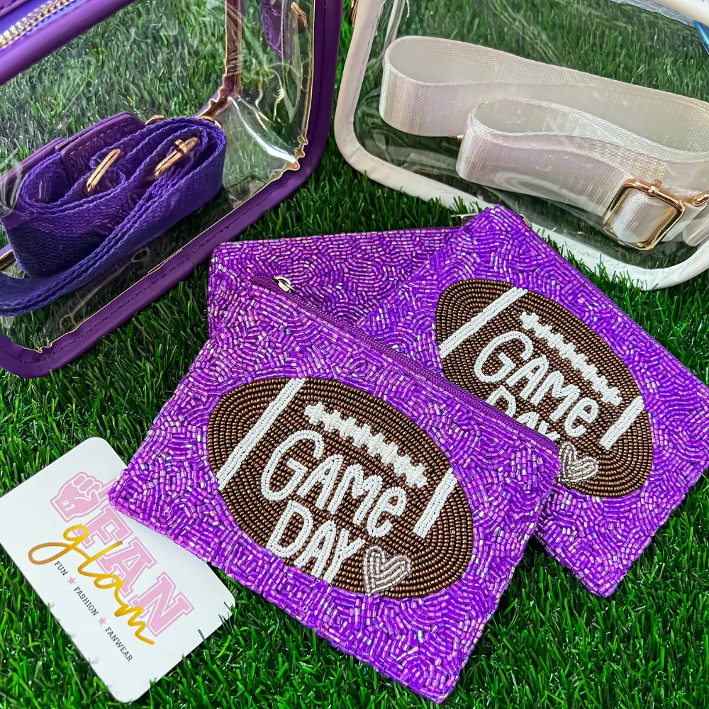 GAMEDAY BEADED COIN BAG - PURPLE/WHITE/SILVER HEART