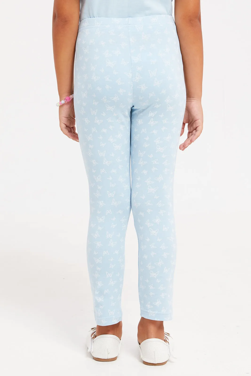 Girls Blue Printed Leggings