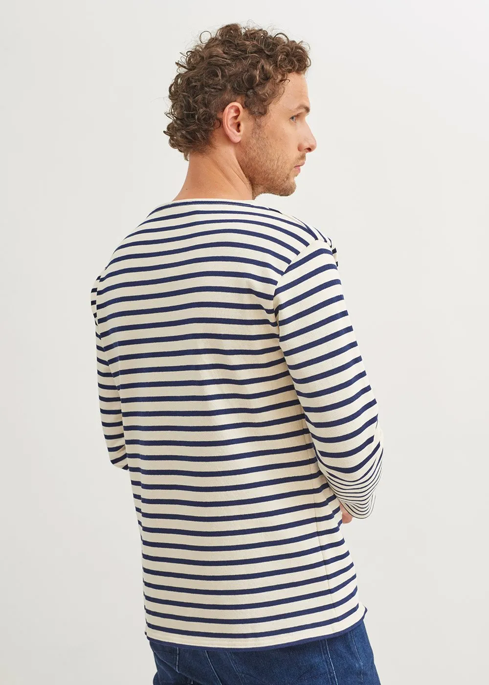 GUILDO - Boat Neck Breton Stripe Shirt | Heavyweight Cotton | Unisex Fit (ECRU / NAVY)