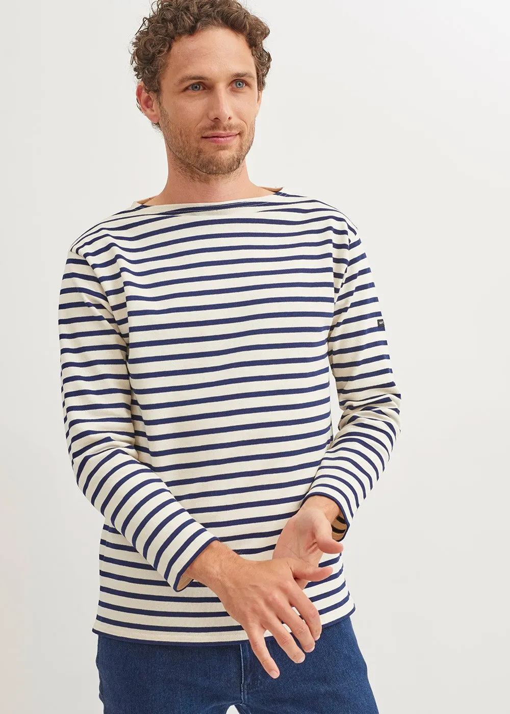 GUILDO - Boat Neck Breton Stripe Shirt | Heavyweight Cotton | Unisex Fit (ECRU / NAVY)