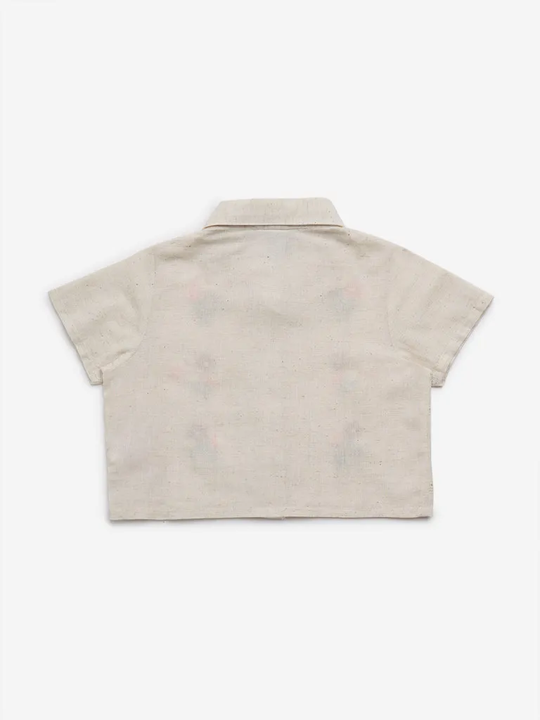 HOP Kids Beige Floral Embroidered Shirt