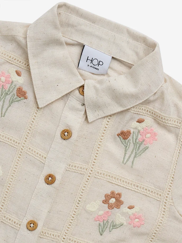 HOP Kids Beige Floral Embroidered Shirt