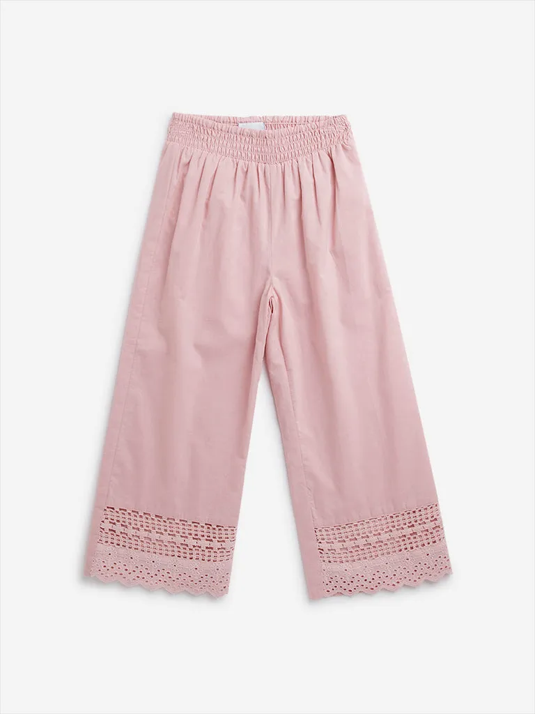 HOP Kids Dusty Pink Crochet-Detailed High-Rise Cotton Pants