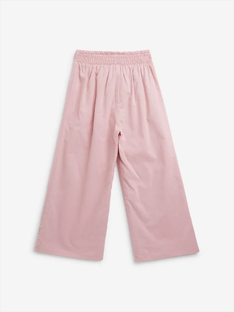 HOP Kids Dusty Pink Crochet-Detailed High-Rise Cotton Pants