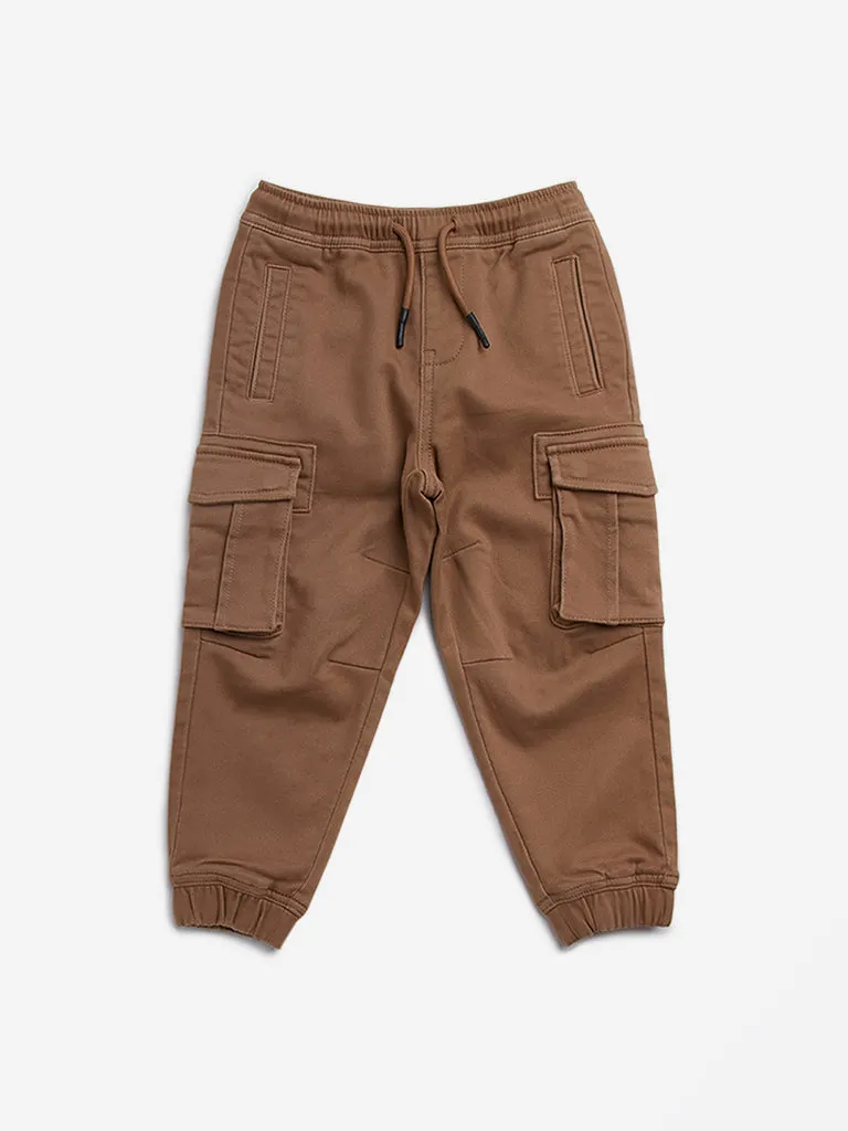 HOP Kids Taupe Cargo-Style Mid-Rise Cotton Blend Joggers