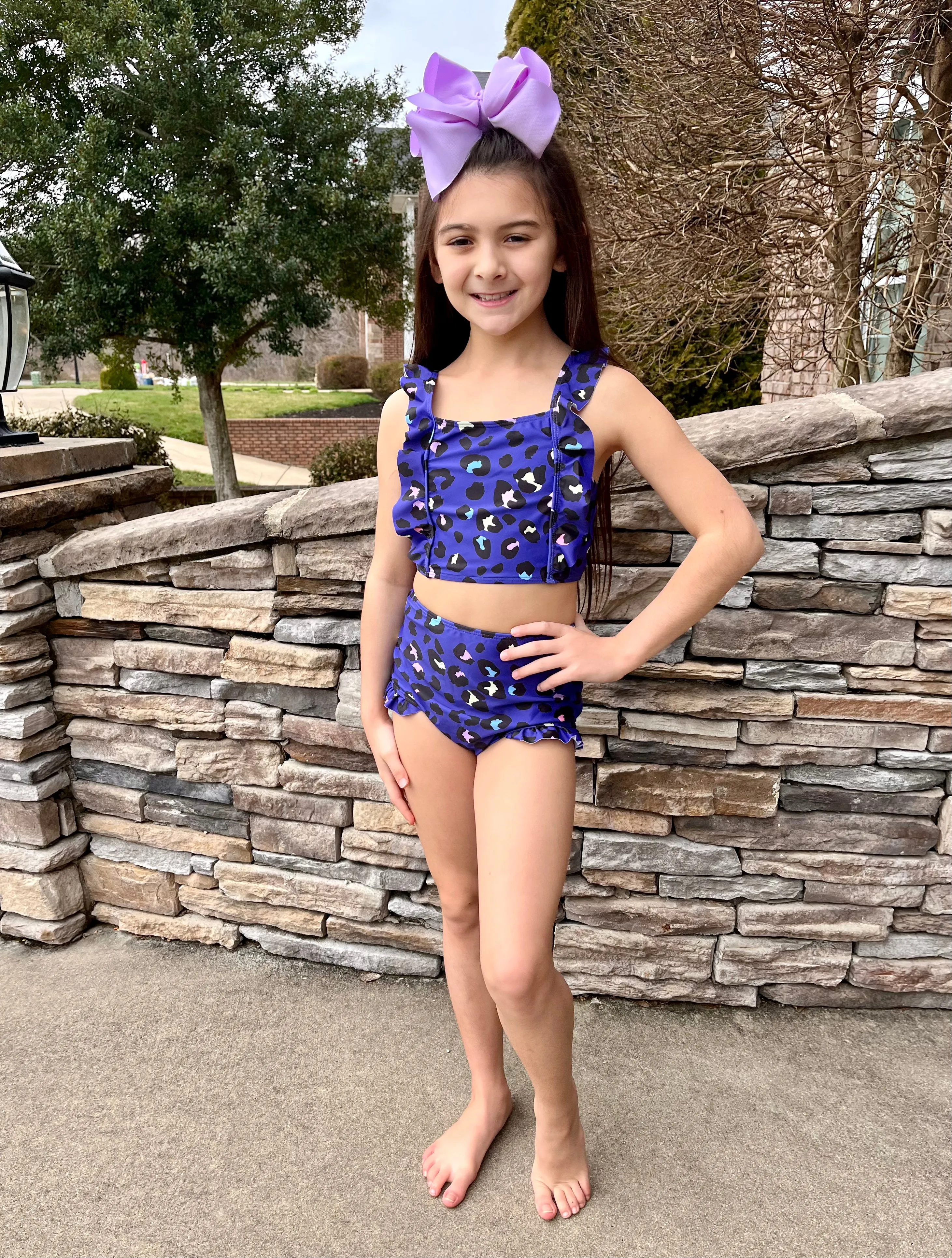 Indigo Leopard 2-Piece Ruffle Swimsuit