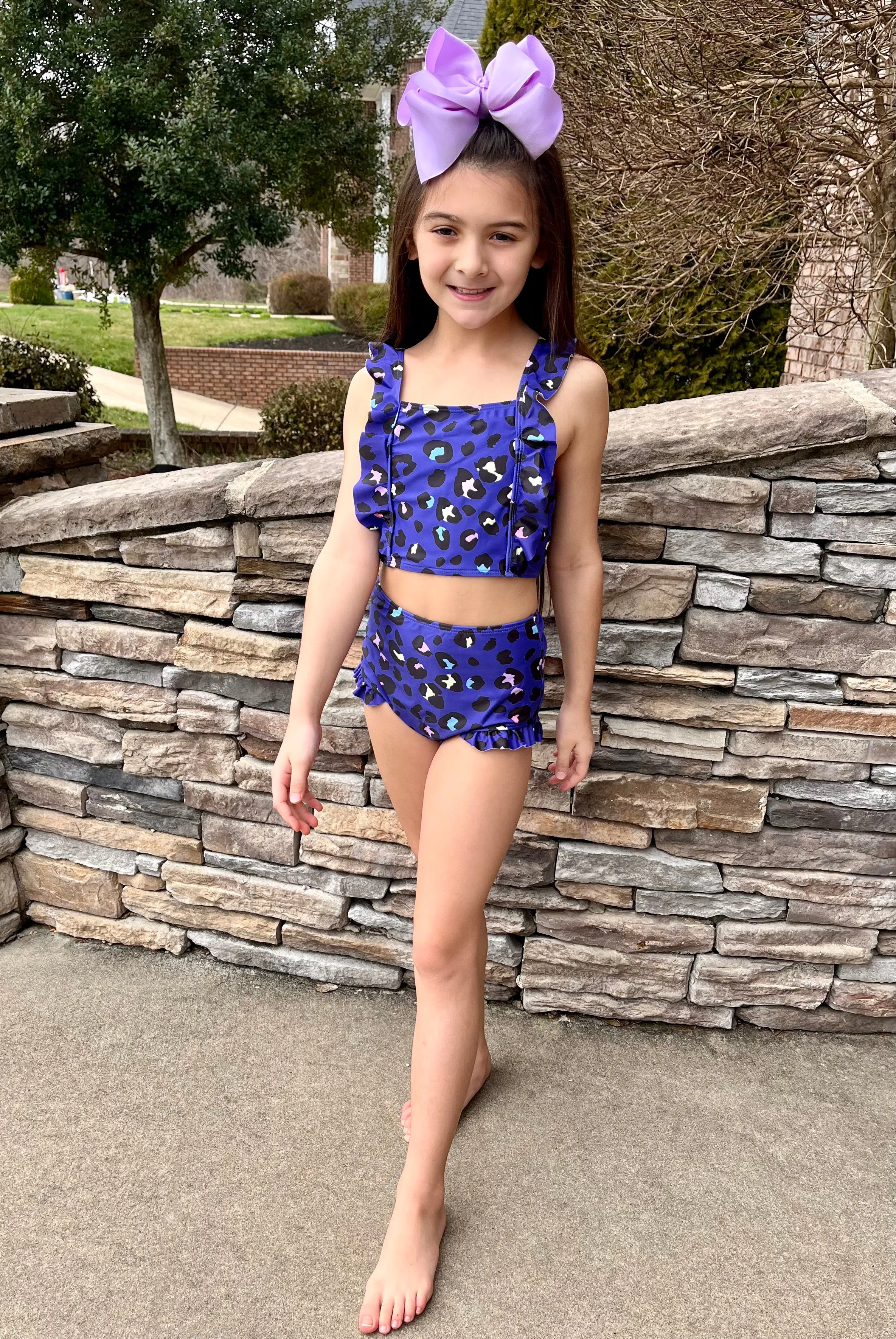 Indigo Leopard 2-Piece Ruffle Swimsuit