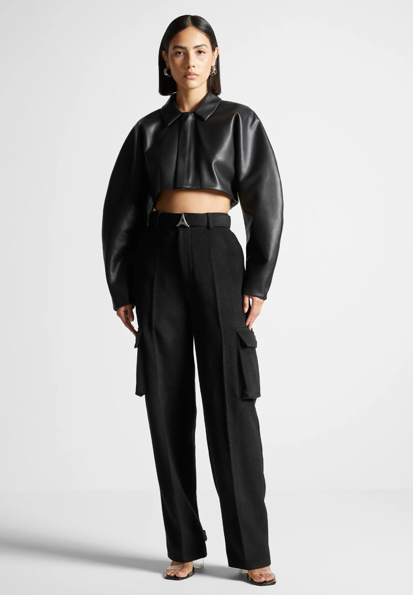 Leather Super Cropped Jacket  - Black