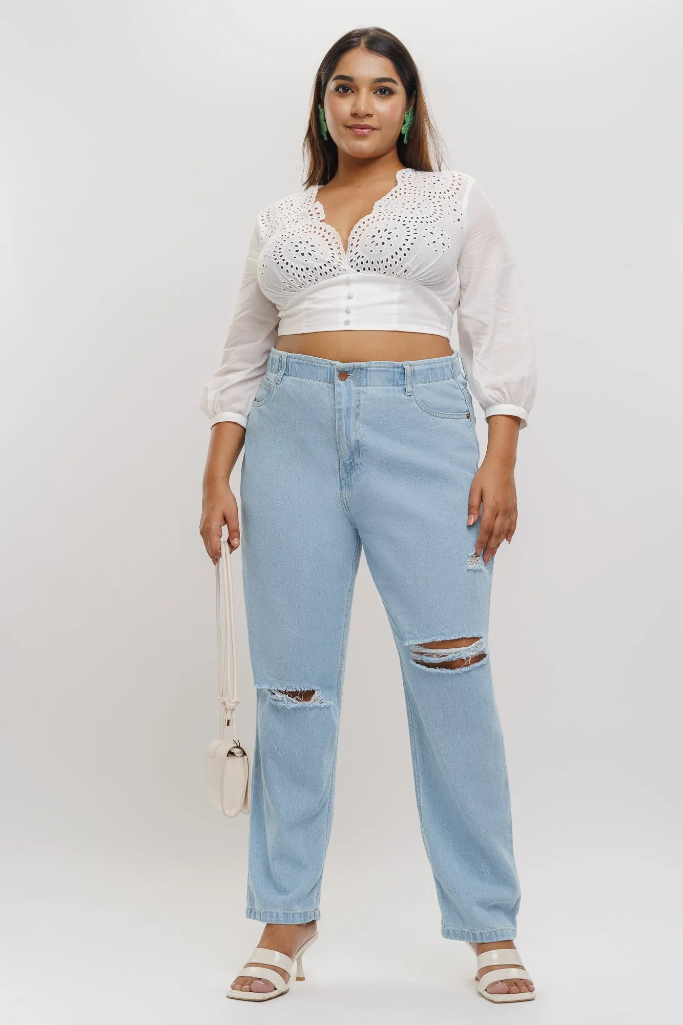 Light Elasticated Distress Mom Jeans