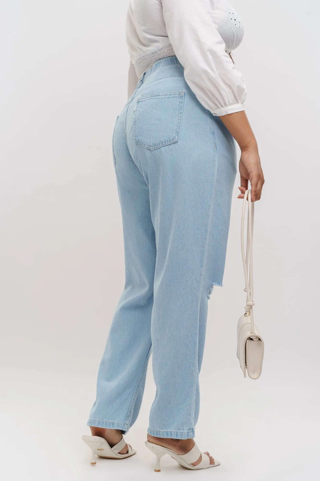 Light Elasticated Distress Mom Jeans