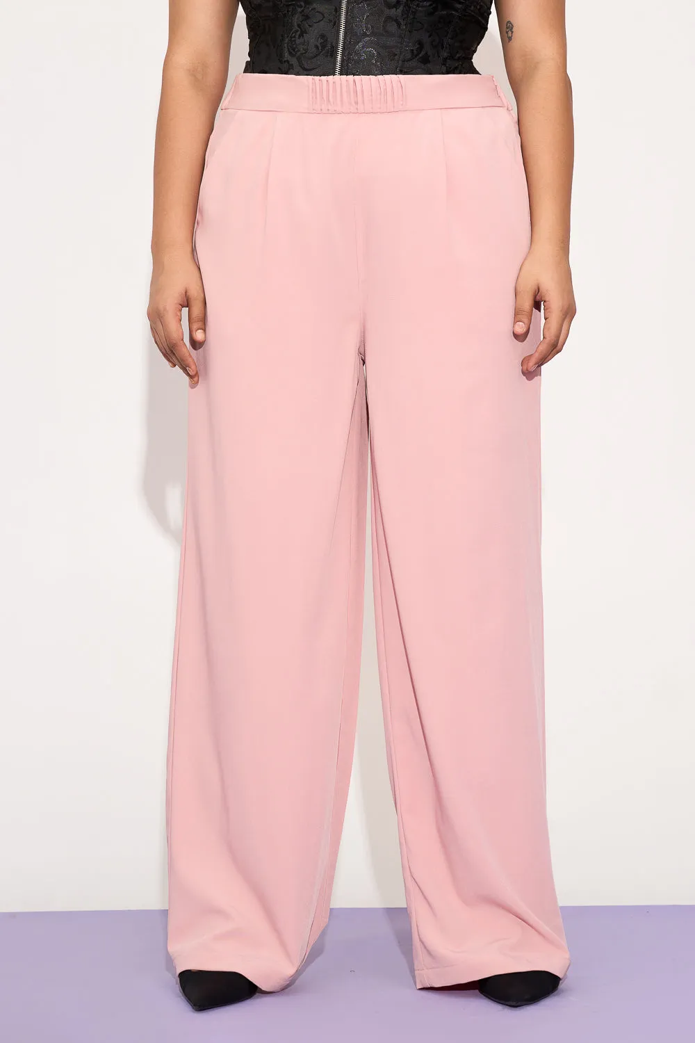 Luminous Pink Pleated Waistband Curve Korean Pants