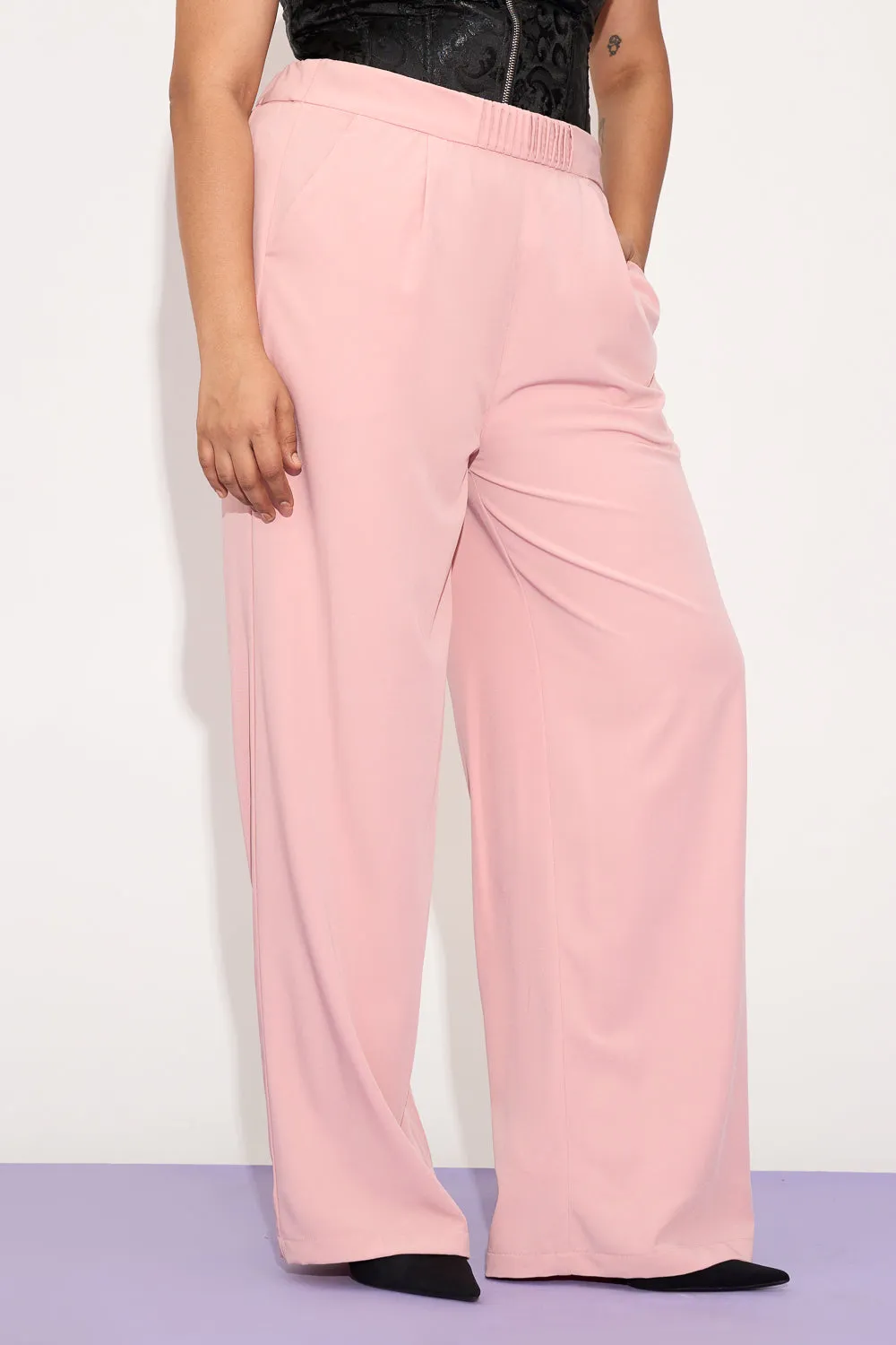 Luminous Pink Pleated Waistband Curve Korean Pants