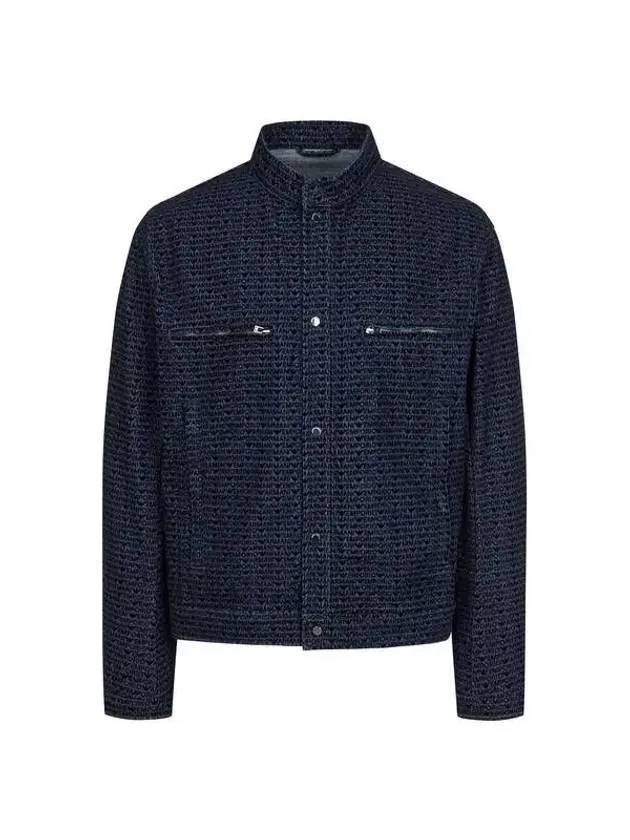 Men s Flock Logo Pattern High Neck Denim Jacket Blue