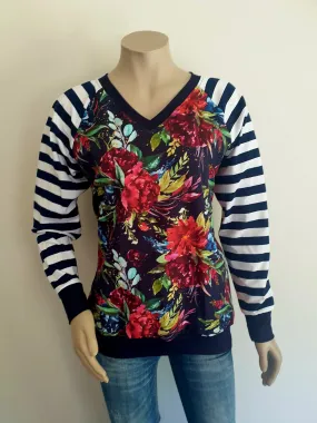 Navy & Red Floral V Neck Stripe Top