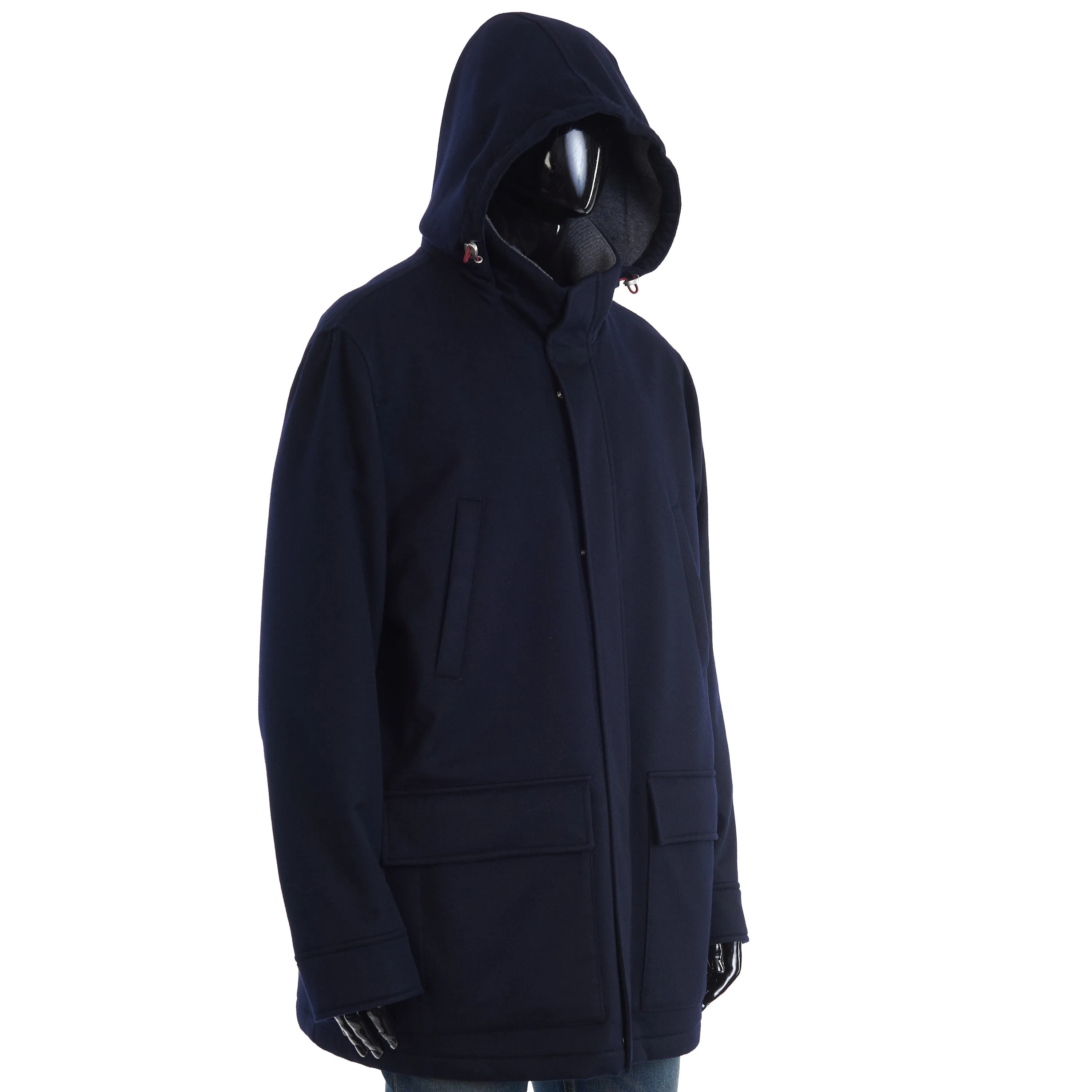 Navy Blue Bonded Cashmere Beaver Cloth Parka With Thermore® Padding And Detachable Hood