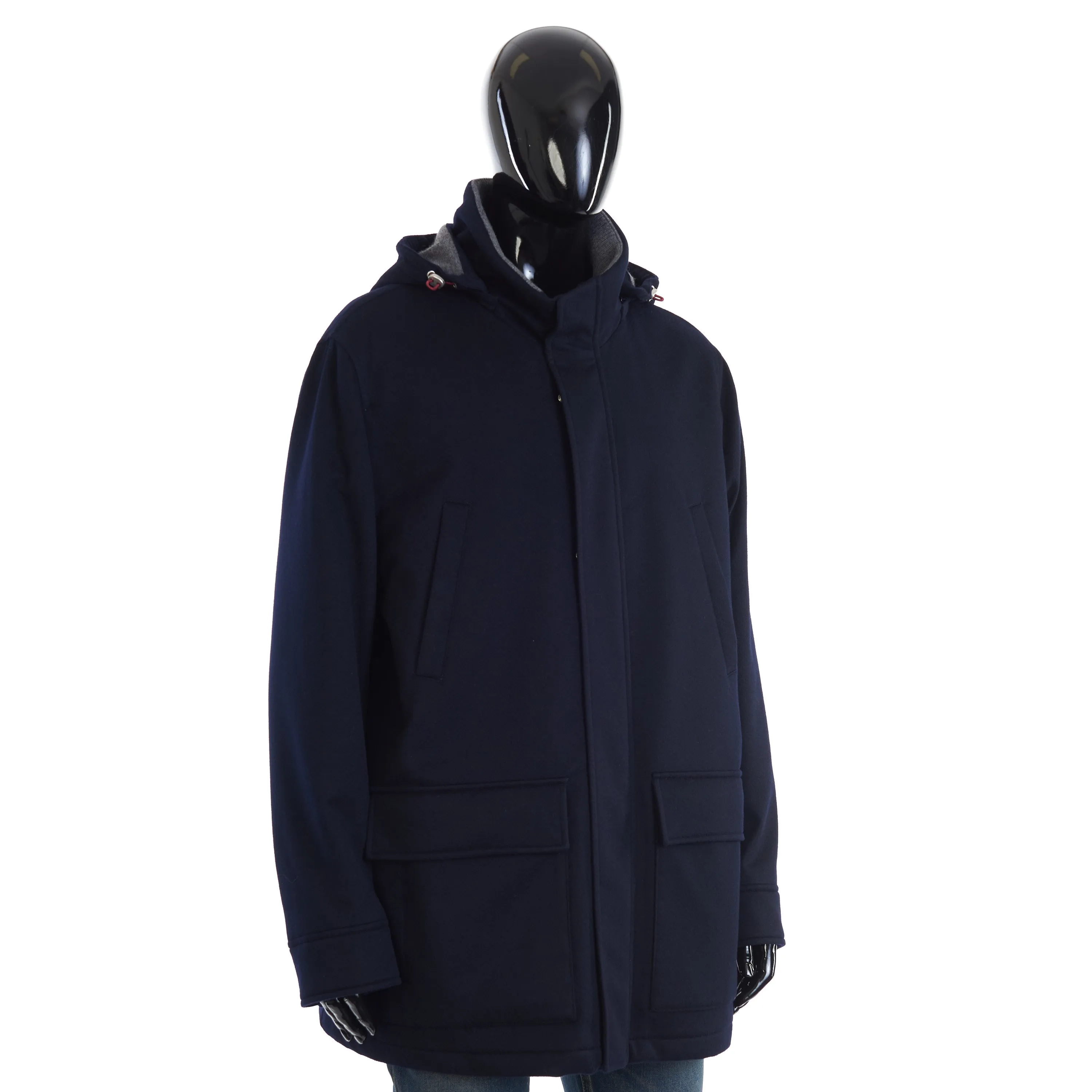 Navy Blue Bonded Cashmere Beaver Cloth Parka With Thermore® Padding And Detachable Hood