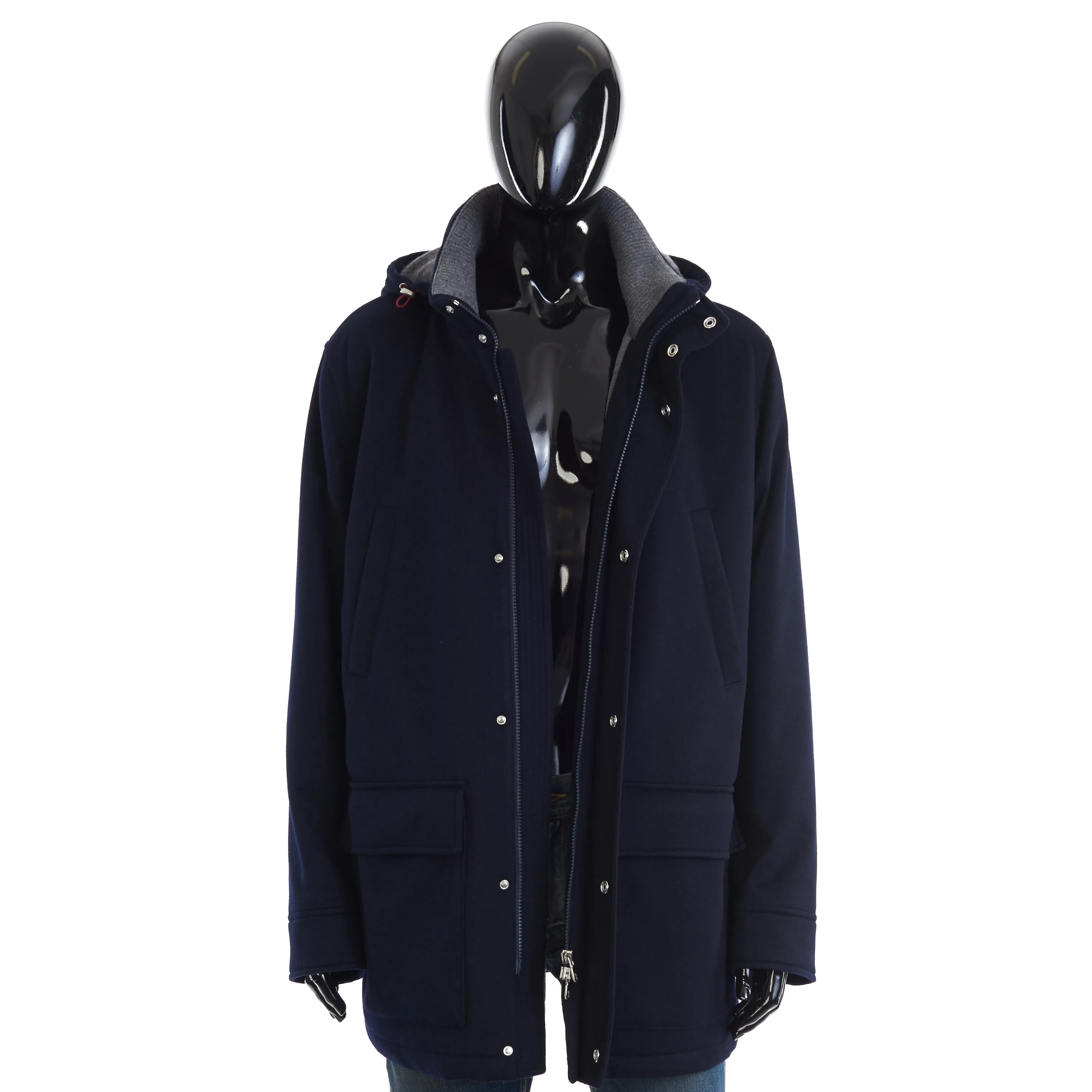 Navy Blue Bonded Cashmere Beaver Cloth Parka With Thermore® Padding And Detachable Hood