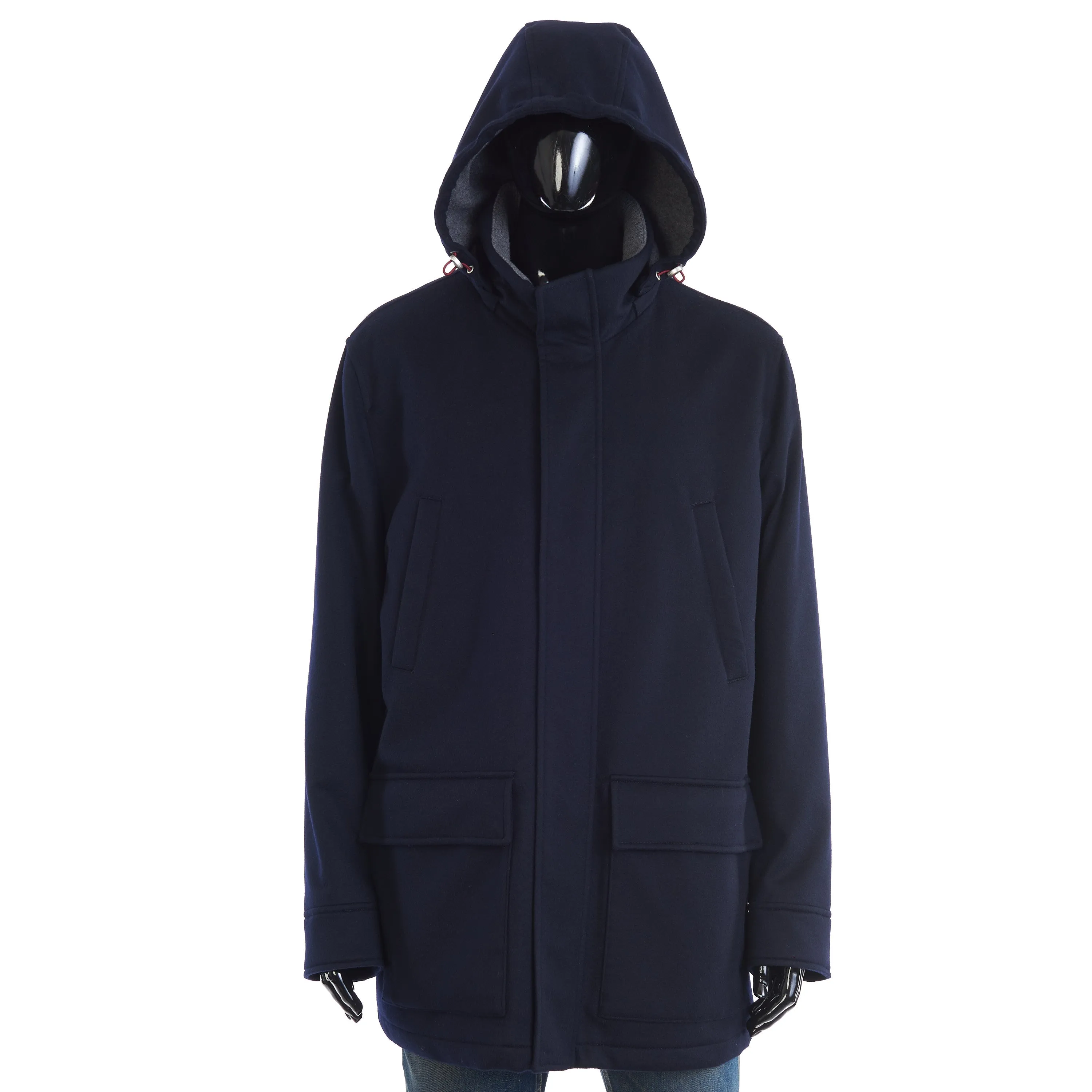 Navy Blue Bonded Cashmere Beaver Cloth Parka With Thermore® Padding And Detachable Hood