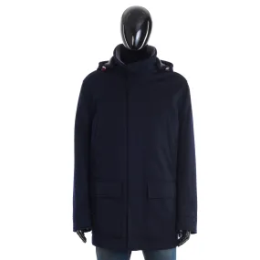 Navy Blue Bonded Cashmere Beaver Cloth Parka With Thermore® Padding And Detachable Hood