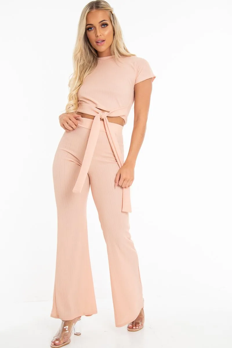 Nude Bandage Rib Tie Waist T-Shirt Trousers Co-Ord - Kalise