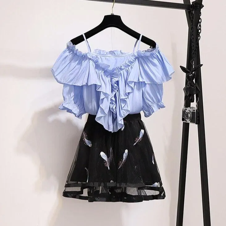 Outfit Set: Off-Shoulder Ruffle Blouse   Mini Mesh Skirt With Feather Print