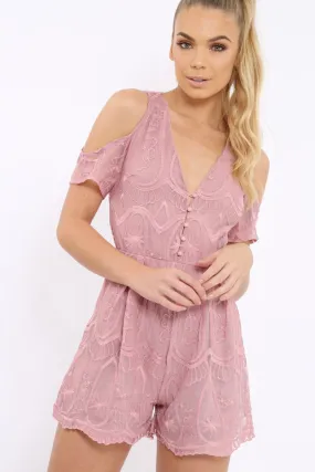 Pink Lace Up Crochet Trim Embroidered Playsuit - Leia