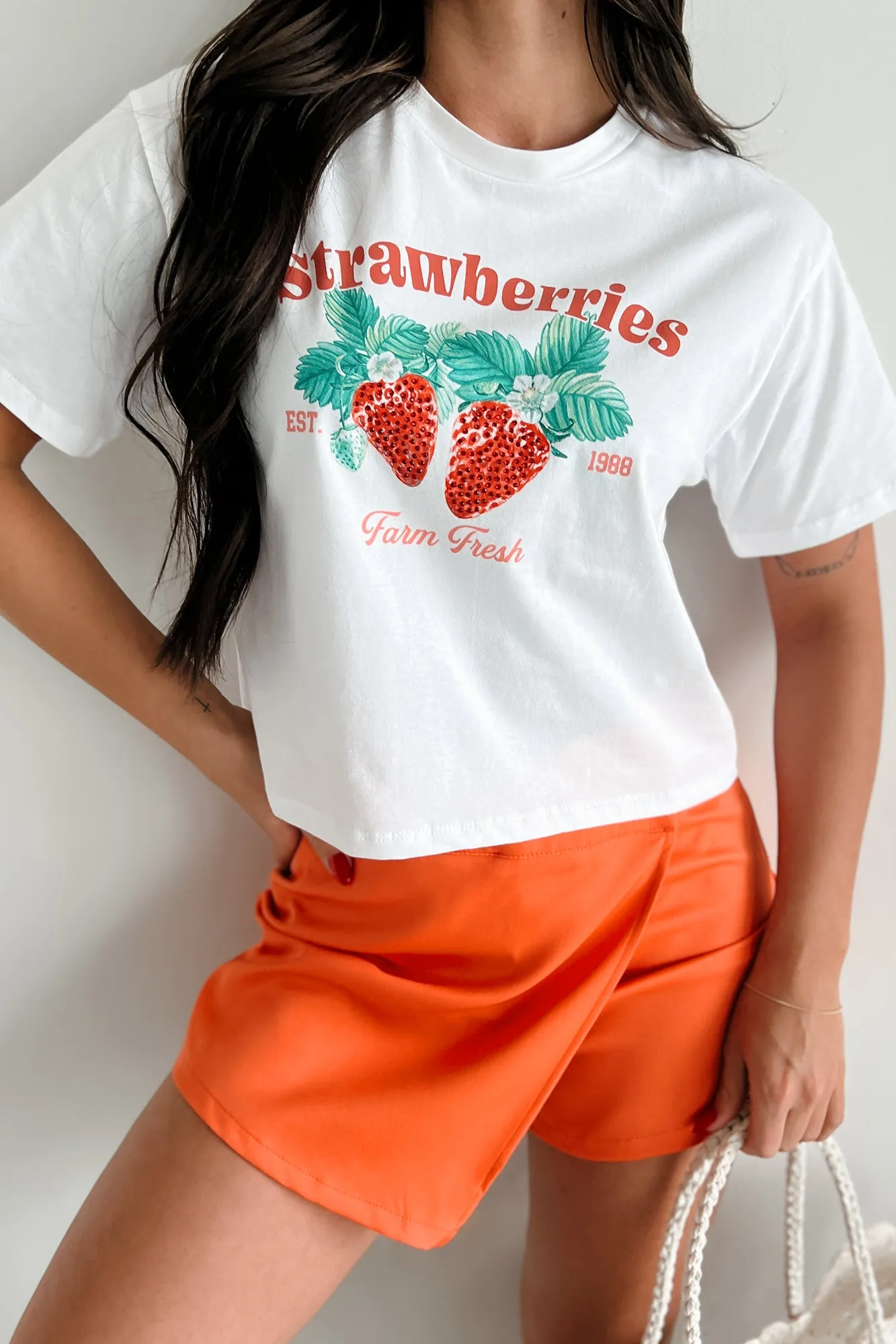 "Farm Fresh Strawberries" Graphic Crop Tee (White)