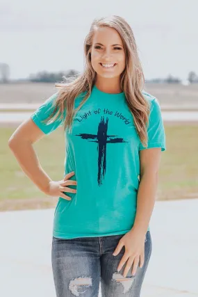 "Light of the World' Graphic Short Sleeve Top in Turquoise