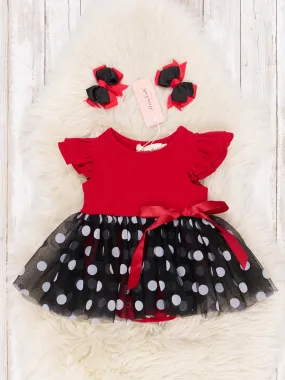 Red & Black Polka Dot Tulle Dressy Romper