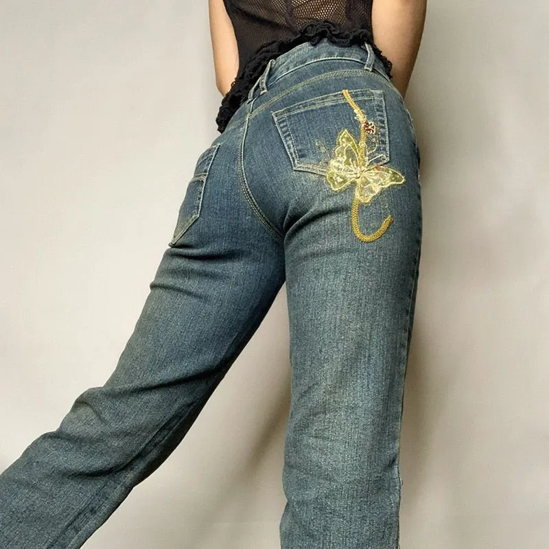 Retro Butterfly Print Jeans