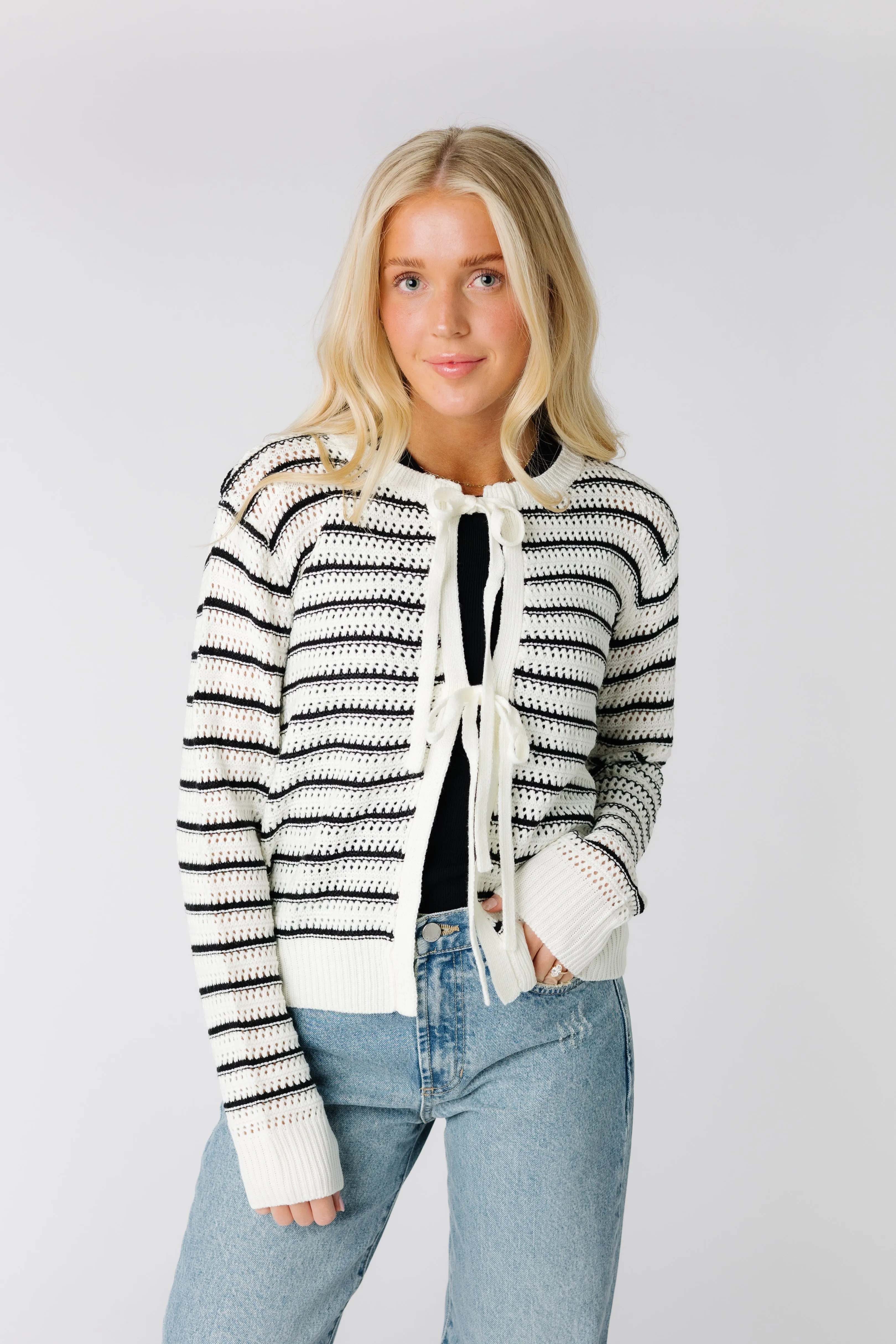 Saltwater Striped Crochet Tie Front Cardigan