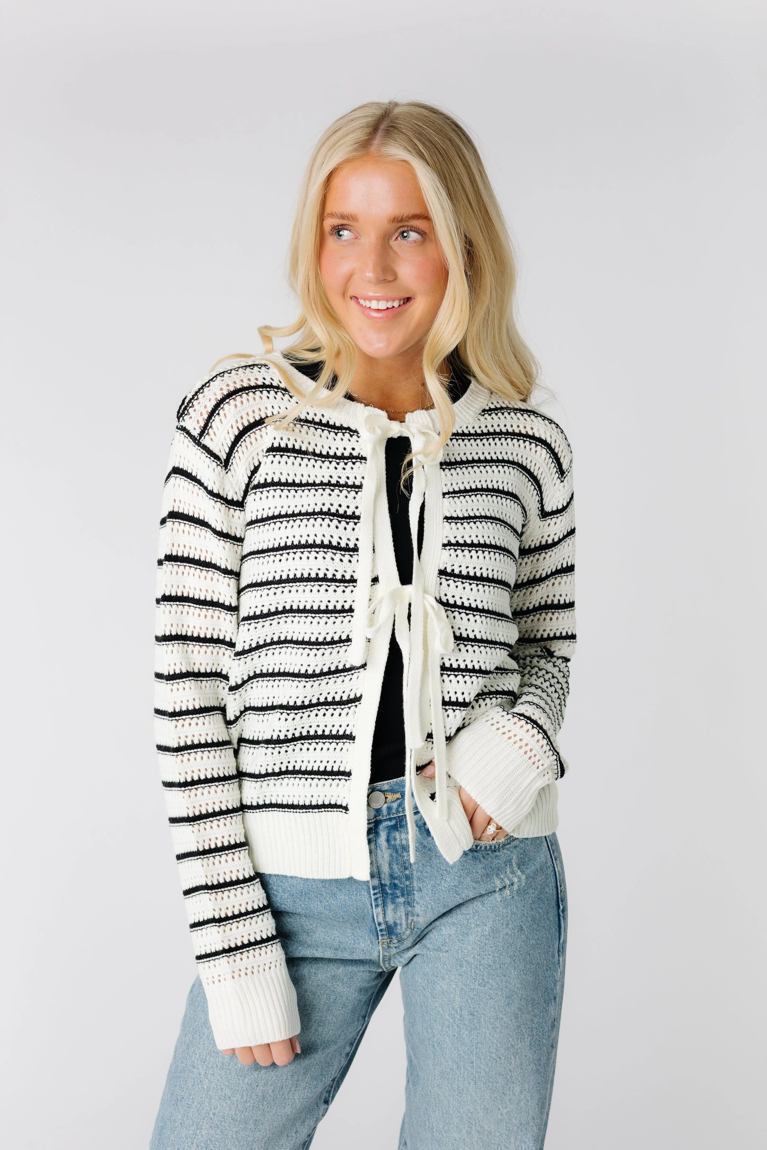 Saltwater Striped Crochet Tie Front Cardigan