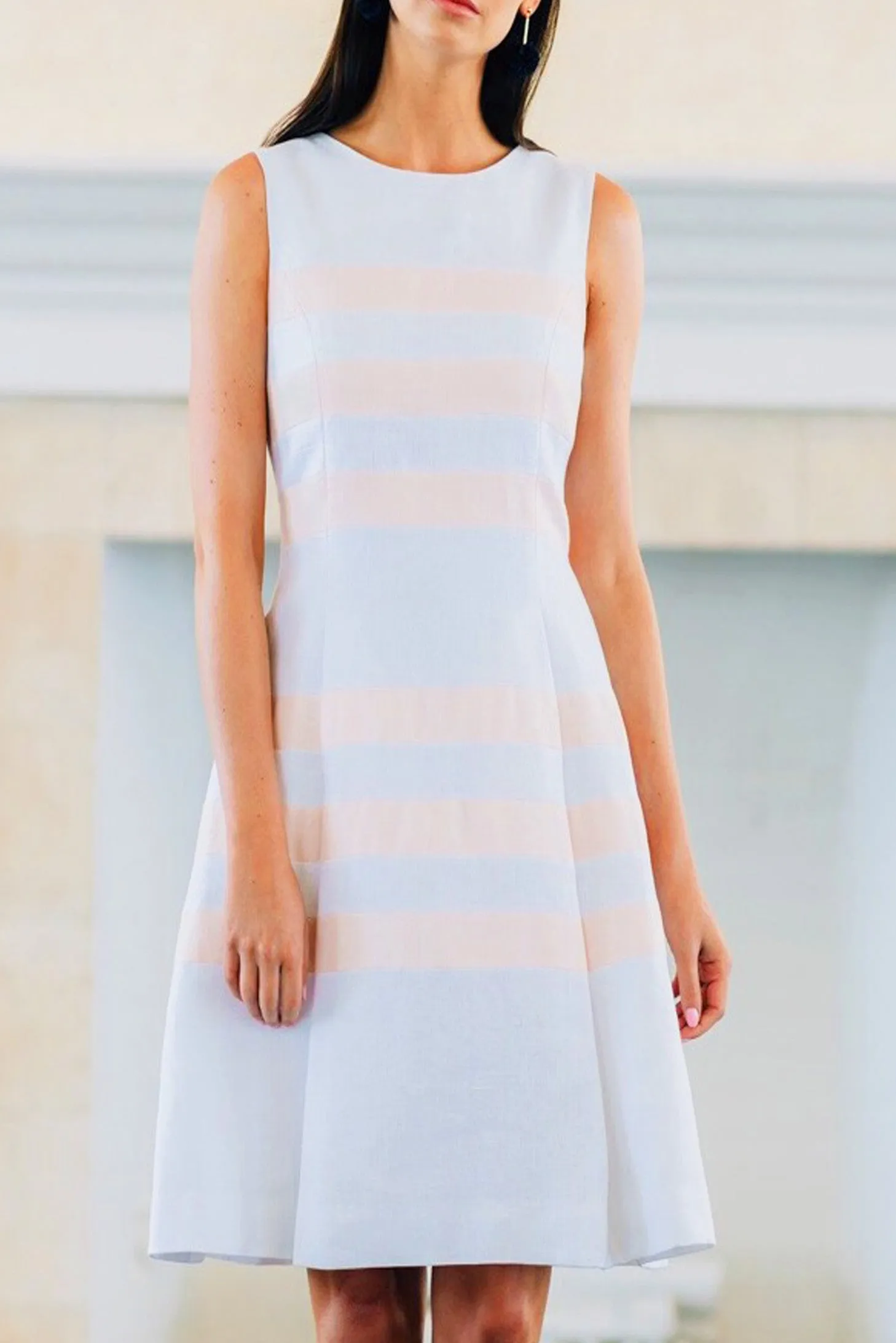 Seam Stripe Pleat Dress with Pockets