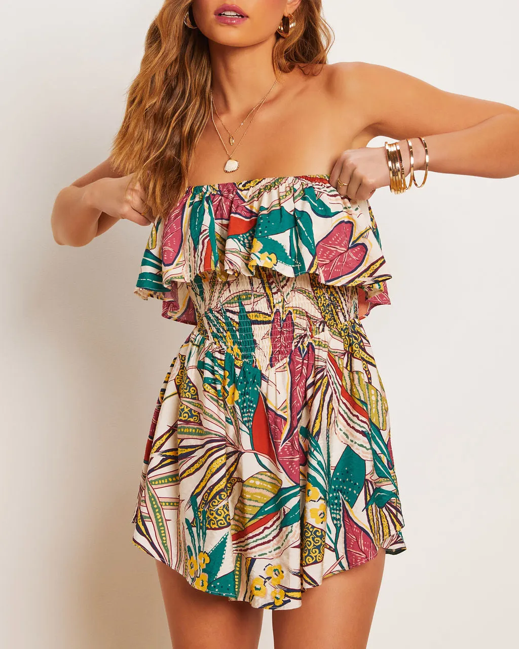 Sherry Tropical Strapless Smocked Romper