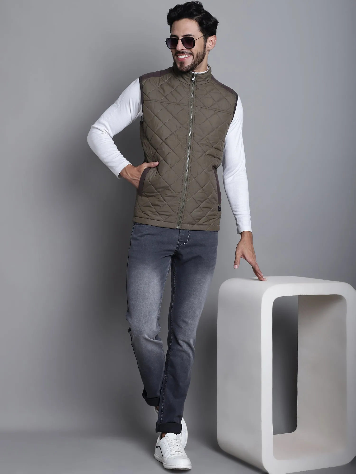 Solid Olive and Beige Sleeveless Mock Collar Regular Fit Reversible Casual Jacket For Mens