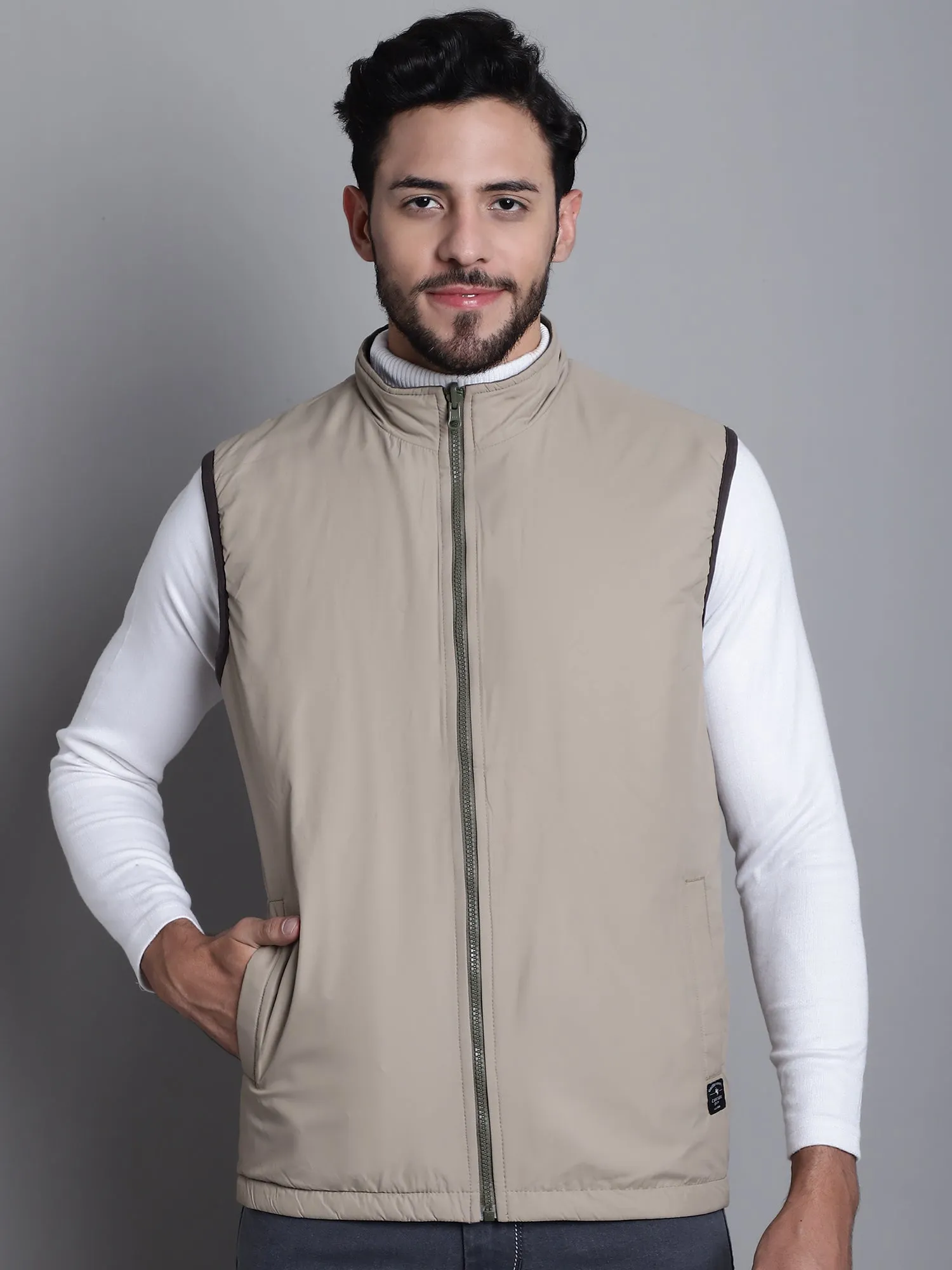 Solid Olive and Beige Sleeveless Mock Collar Regular Fit Reversible Casual Jacket For Mens