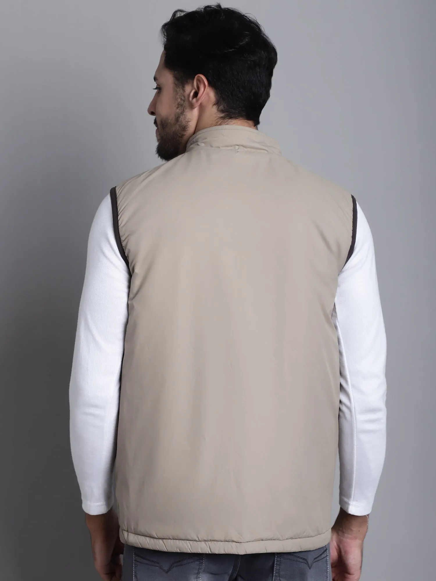 Solid Olive and Beige Sleeveless Mock Collar Regular Fit Reversible Casual Jacket For Mens