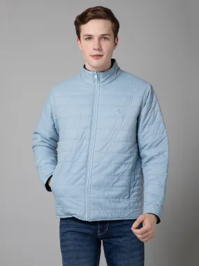 Solid Sky Blue Full Sleeves Mock Collar Regular Fit Reversible Puffer Jacket for Men