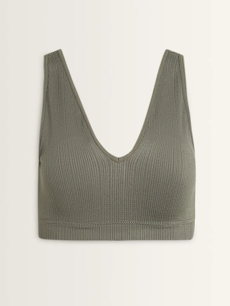 Superstar Olive Ribbed Textured Padded Plunge Cotton Bra