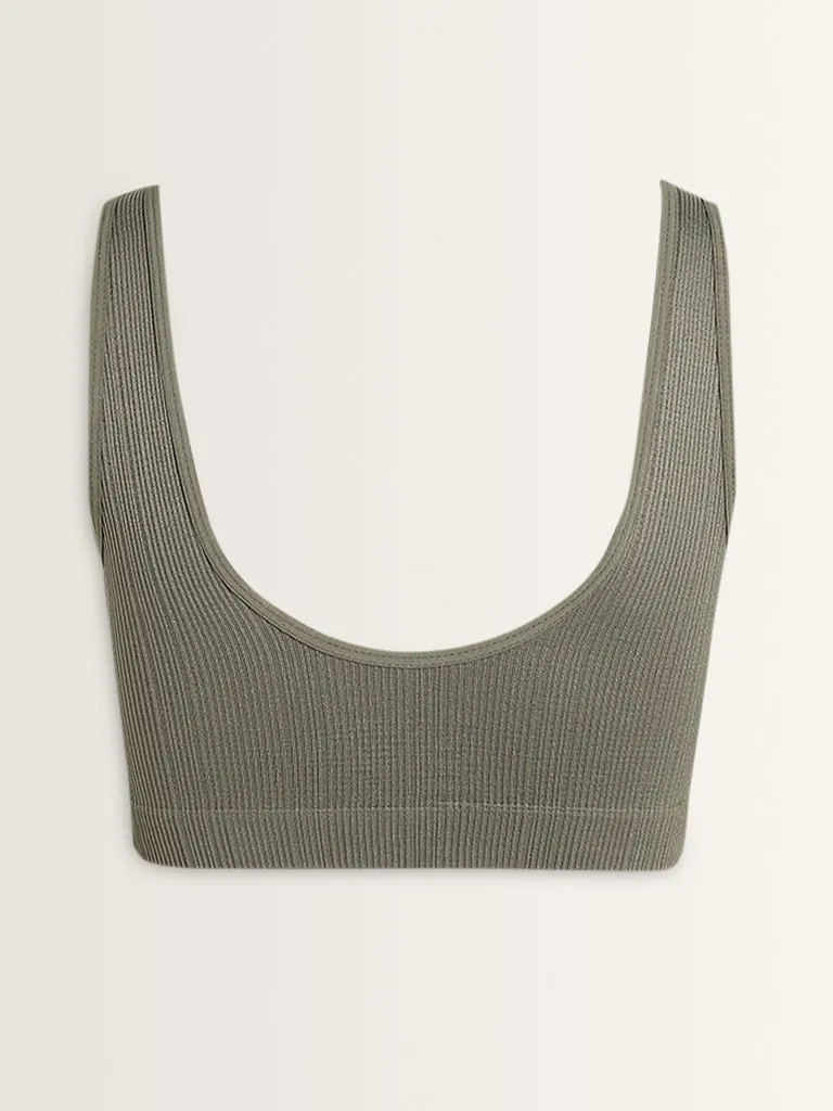 Superstar Olive Ribbed Textured Padded Plunge Cotton Bra