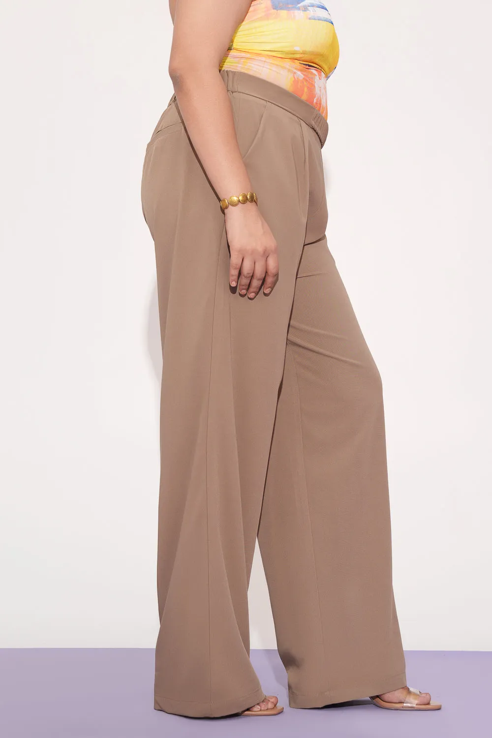 Tan Pleated Waistband Curve Korean Pants