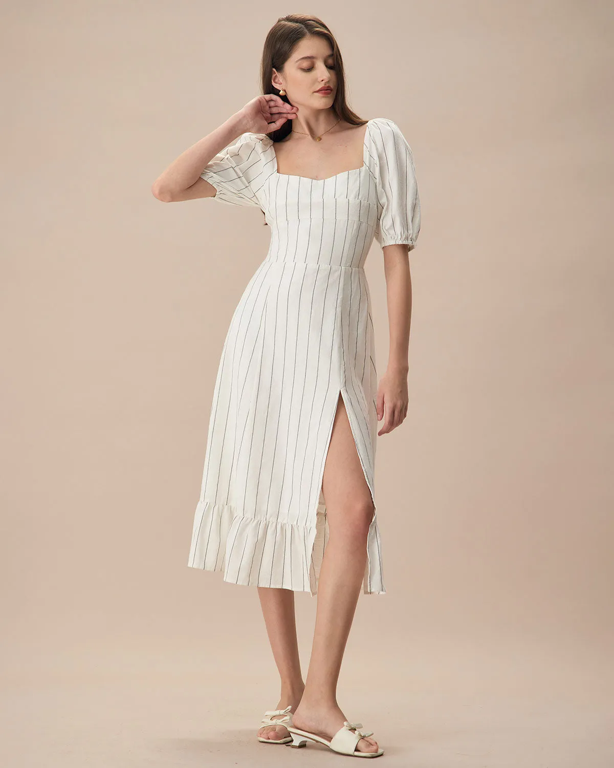 The Beige Puff Sleeve Striped Split Cotton Midi Dress