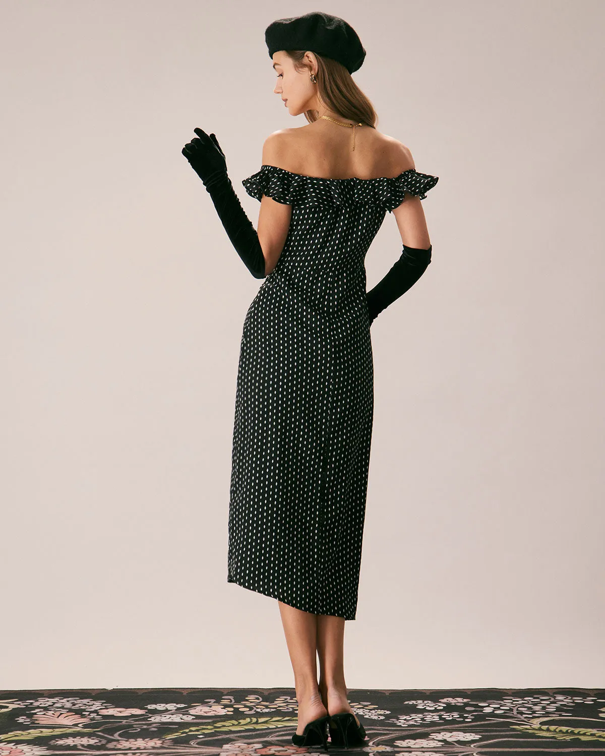 The Black Off The Shoulder Ruffle Midi Dress